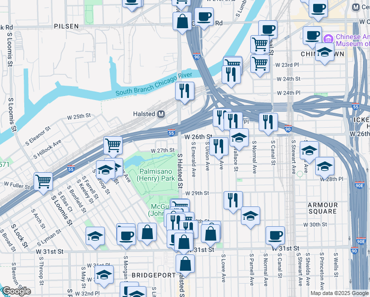 map of restaurants, bars, coffee shops, grocery stores, and more near in Chicago