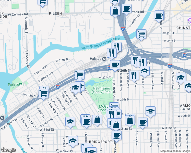 map of restaurants, bars, coffee shops, grocery stores, and more near 882 West 27th Street in Chicago