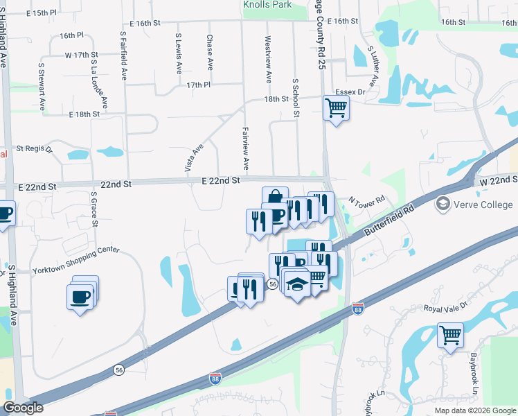 map of restaurants, bars, coffee shops, grocery stores, and more near 855 East 22nd Street in Lombard