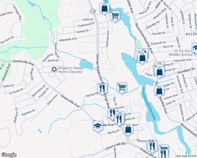 map of restaurants, bars, coffee shops, grocery stores, and more near 3 Lena Drive in Johnston