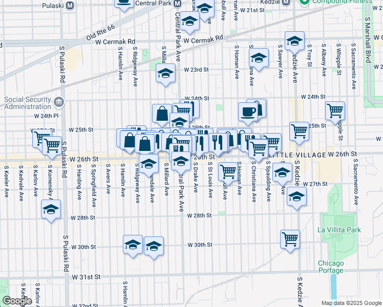 map of restaurants, bars, coffee shops, grocery stores, and more near 2614 South Drake Avenue in Chicago