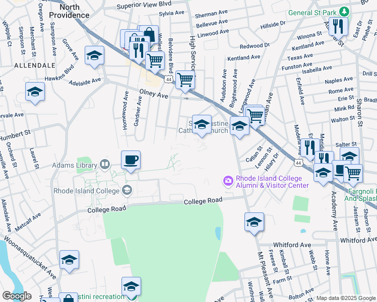 map of restaurants, bars, coffee shops, grocery stores, and more near 600 Mount Pleasant Avenue in Providence