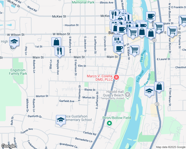 map of restaurants, bars, coffee shops, grocery stores, and more near 333 South Jefferson Street in Batavia