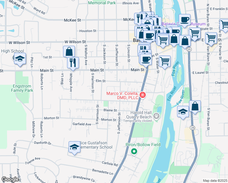 map of restaurants, bars, coffee shops, grocery stores, and more near 333 South Jefferson Street in Batavia