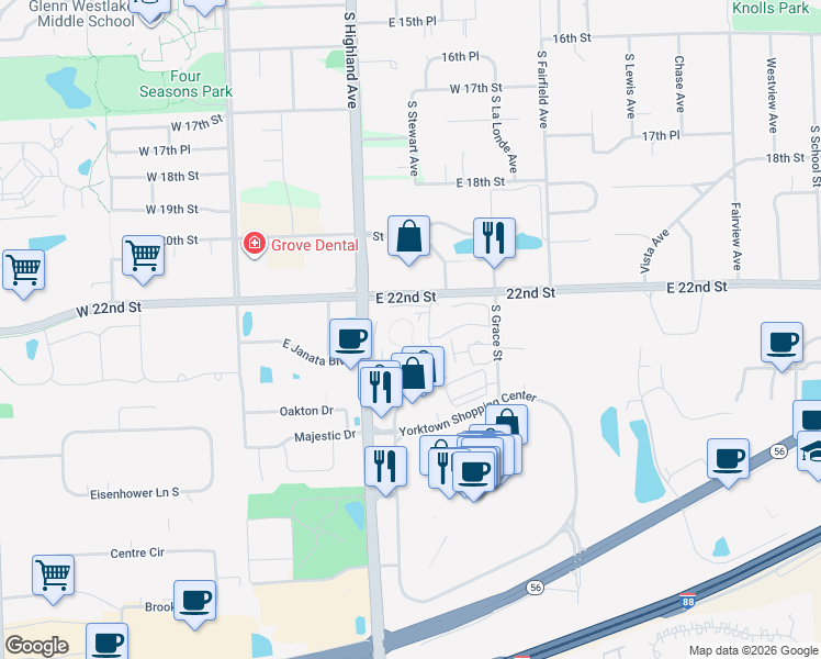 map of restaurants, bars, coffee shops, grocery stores, and more near 2233 South Highland Avenue in Lombard