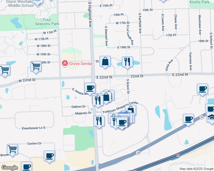 map of restaurants, bars, coffee shops, grocery stores, and more near 2211 South Highland Avenue in Lombard