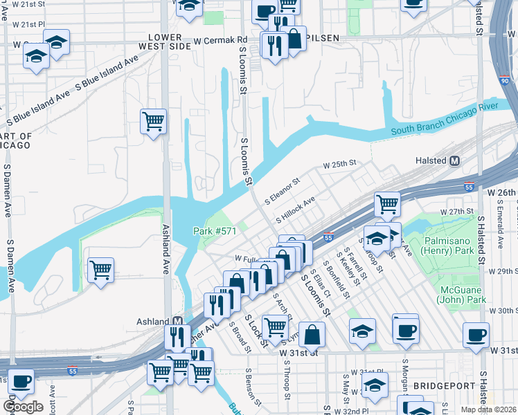 map of restaurants, bars, coffee shops, grocery stores, and more near 2700 South Eleanor Street in Chicago