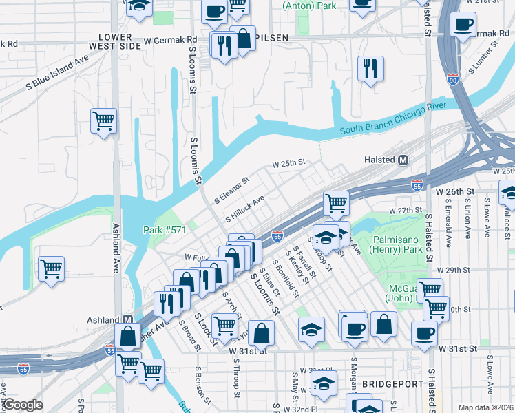map of restaurants, bars, coffee shops, grocery stores, and more near 2727 South Crowell Street in Chicago