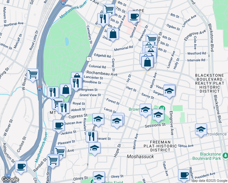 map of restaurants, bars, coffee shops, grocery stores, and more near 167 Evergreen Street in Providence