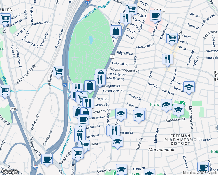 map of restaurants, bars, coffee shops, grocery stores, and more near 127 Knowles Street in Providence