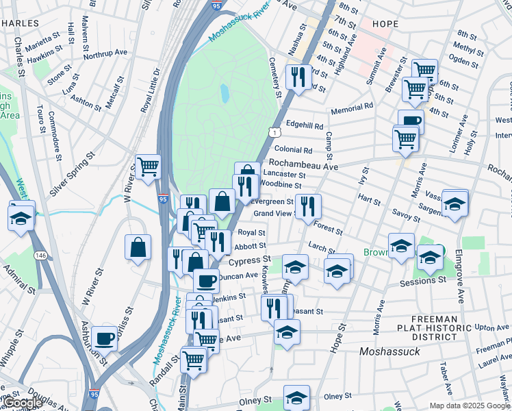map of restaurants, bars, coffee shops, grocery stores, and more near 18 Grand View Street in Providence