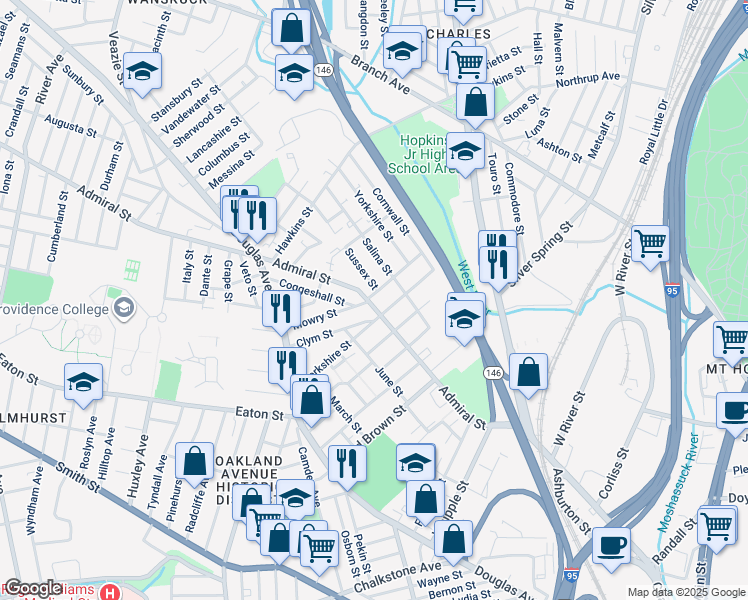 map of restaurants, bars, coffee shops, grocery stores, and more near in Providence