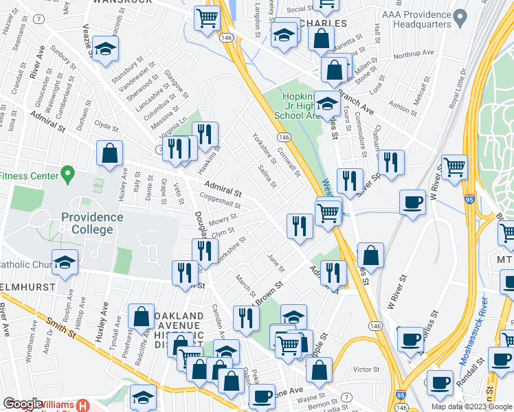 map of restaurants, bars, coffee shops, grocery stores, and more near in Providence