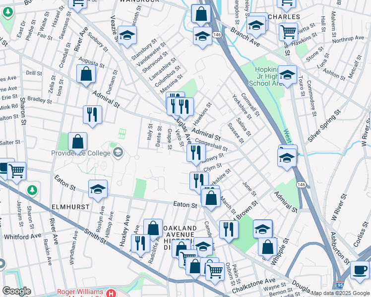 map of restaurants, bars, coffee shops, grocery stores, and more near 20 Mowry Street in Providence