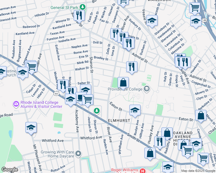map of restaurants, bars, coffee shops, grocery stores, and more near 584 River Avenue in Providence