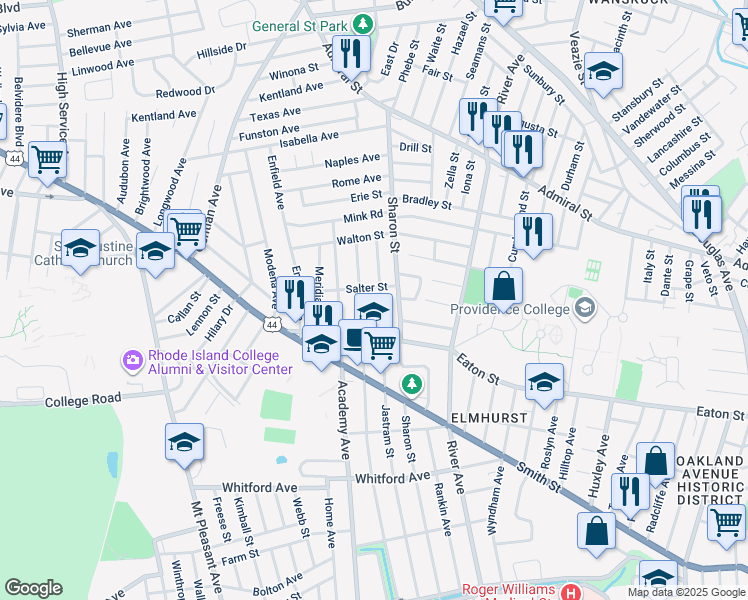 map of restaurants, bars, coffee shops, grocery stores, and more near 308 Jastram Street in Providence