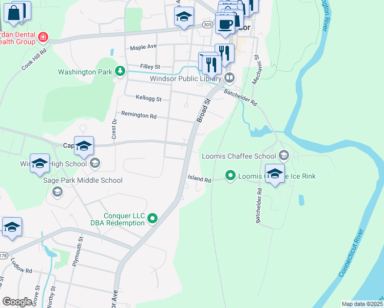 map of restaurants, bars, coffee shops, grocery stores, and more near 486 Broad Street in Windsor