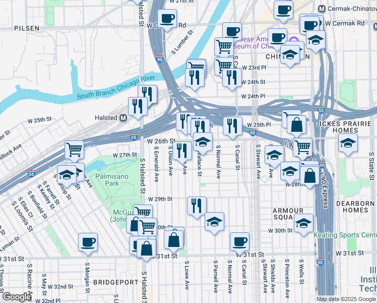 map of restaurants, bars, coffee shops, grocery stores, and more near 2710 South Wallace Street in Chicago