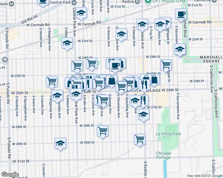 map of restaurants, bars, coffee shops, grocery stores, and more near 2615 South Homan Avenue in Chicago