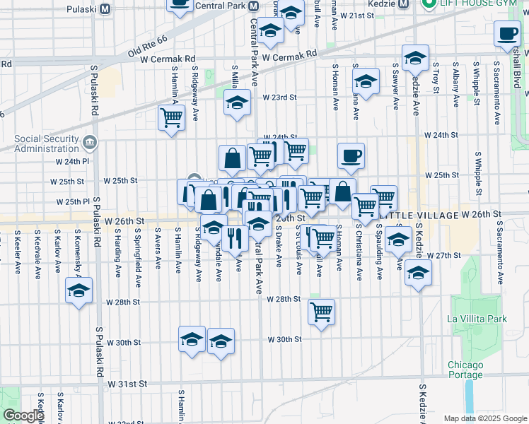 map of restaurants, bars, coffee shops, grocery stores, and more near 2614 South Drake Avenue in Chicago