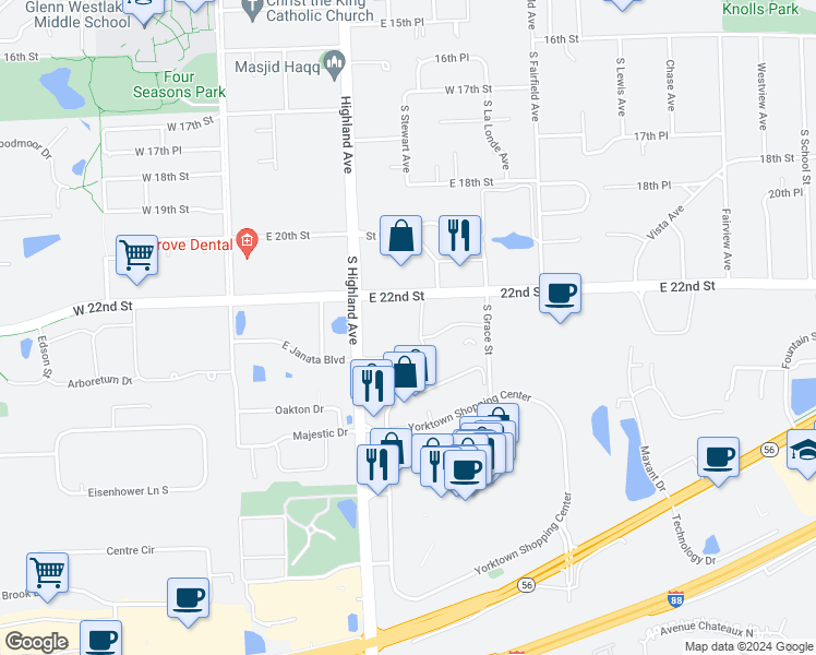 map of restaurants, bars, coffee shops, grocery stores, and more near 2233 South Highland Avenue in Lombard