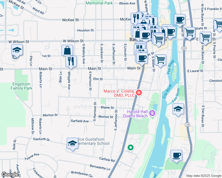 map of restaurants, bars, coffee shops, grocery stores, and more near 603 Walnut Street in Batavia