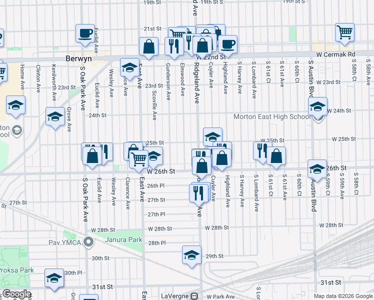 map of restaurants, bars, coffee shops, grocery stores, and more near 2511 Elmwood Avenue in Berwyn