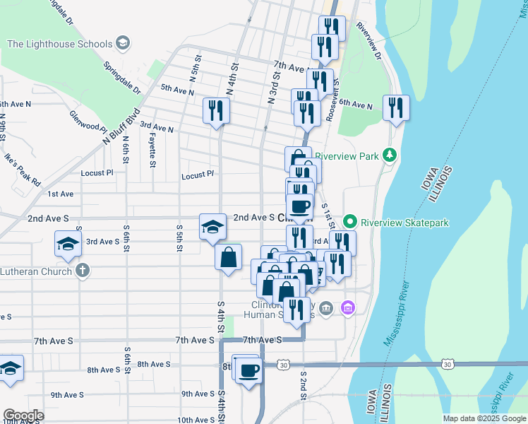 map of restaurants, bars, coffee shops, grocery stores, and more near 201 South 3rd Street in Clinton