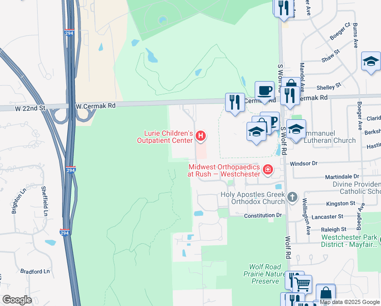 map of restaurants, bars, coffee shops, grocery stores, and more near 2315 Enterprise Drive in Westchester