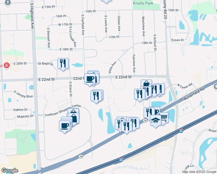 map of restaurants, bars, coffee shops, grocery stores, and more near 701 East 22nd Street in Lombard