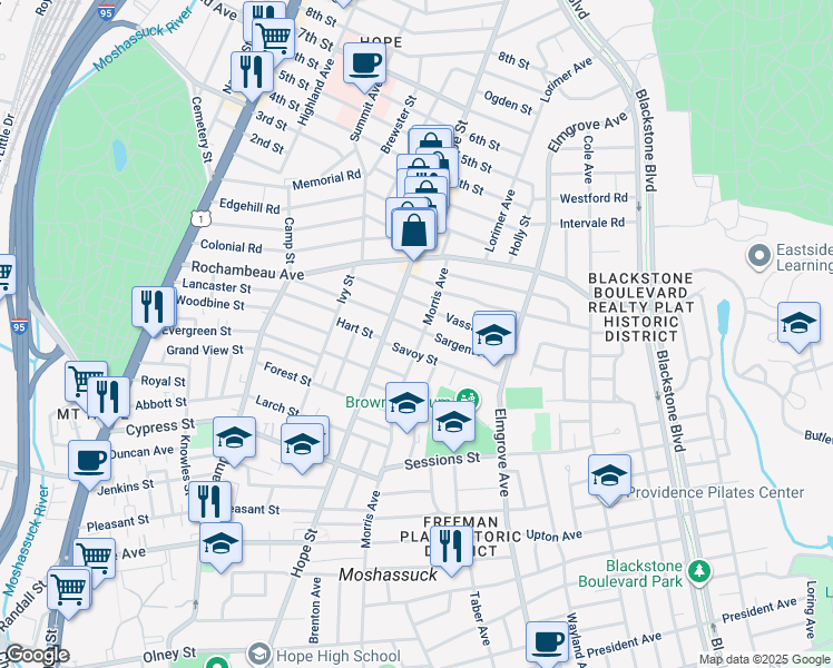 map of restaurants, bars, coffee shops, grocery stores, and more near in Providence