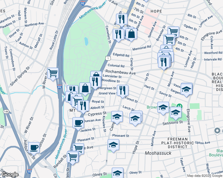 map of restaurants, bars, coffee shops, grocery stores, and more near 53 Woodbine Street in Providence