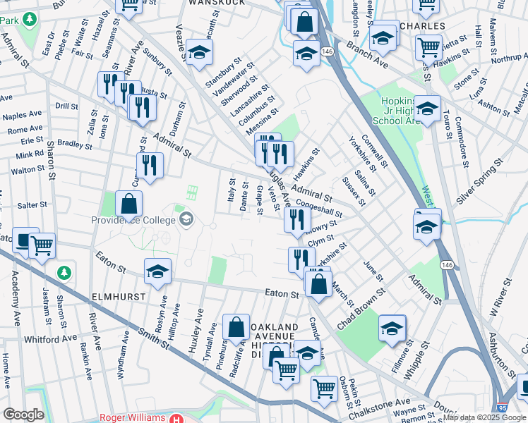 map of restaurants, bars, coffee shops, grocery stores, and more near 31 Grape Street in Providence