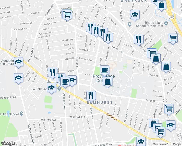 map of restaurants, bars, coffee shops, grocery stores, and more near 15 Balmoral Avenue in Providence