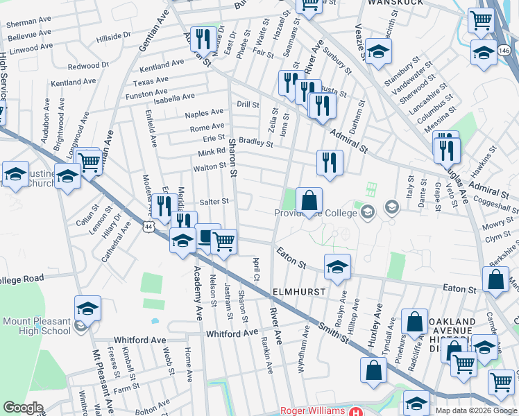 map of restaurants, bars, coffee shops, grocery stores, and more near 17 La Salle Drive in Providence