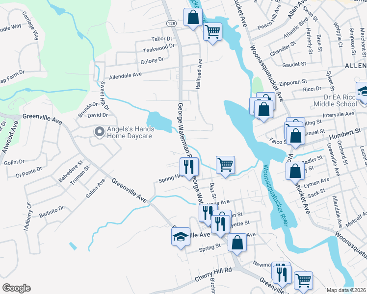 map of restaurants, bars, coffee shops, grocery stores, and more near 178 George Waterman Road in Johnston
