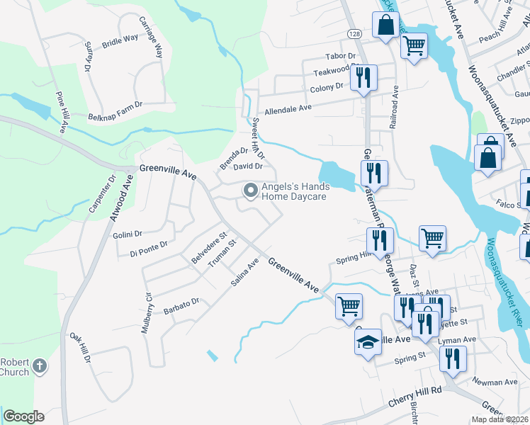 map of restaurants, bars, coffee shops, grocery stores, and more near 46 Contillo Drive in Johnston