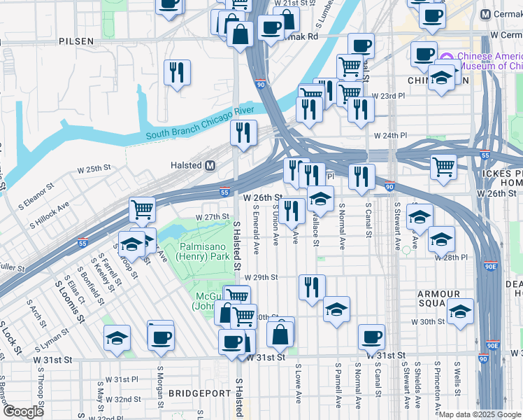 map of restaurants, bars, coffee shops, grocery stores, and more near 744 West 26th Street in Chicago