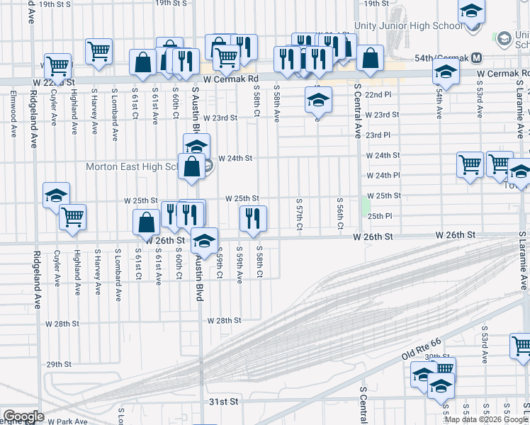 map of restaurants, bars, coffee shops, grocery stores, and more near 2445 South 58th Court in Cicero
