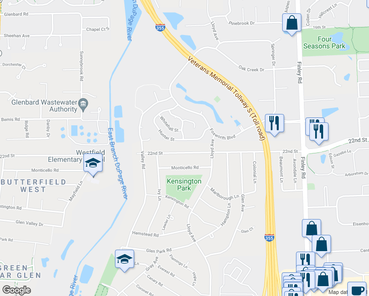 map of restaurants, bars, coffee shops, grocery stores, and more near 1090 Hunter Street in Lombard