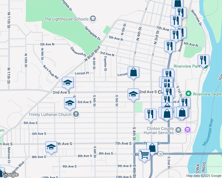 map of restaurants, bars, coffee shops, grocery stores, and more near 515 1st Avenue in Clinton