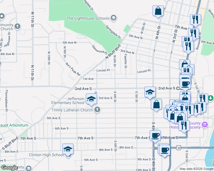 map of restaurants, bars, coffee shops, grocery stores, and more near 623 1st Avenue in Clinton