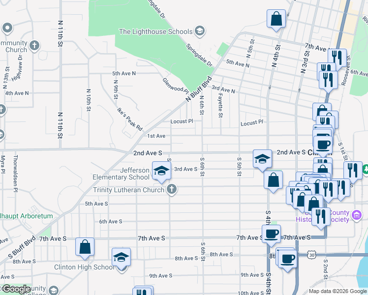 map of restaurants, bars, coffee shops, grocery stores, and more near 107 South 7th Street in Clinton