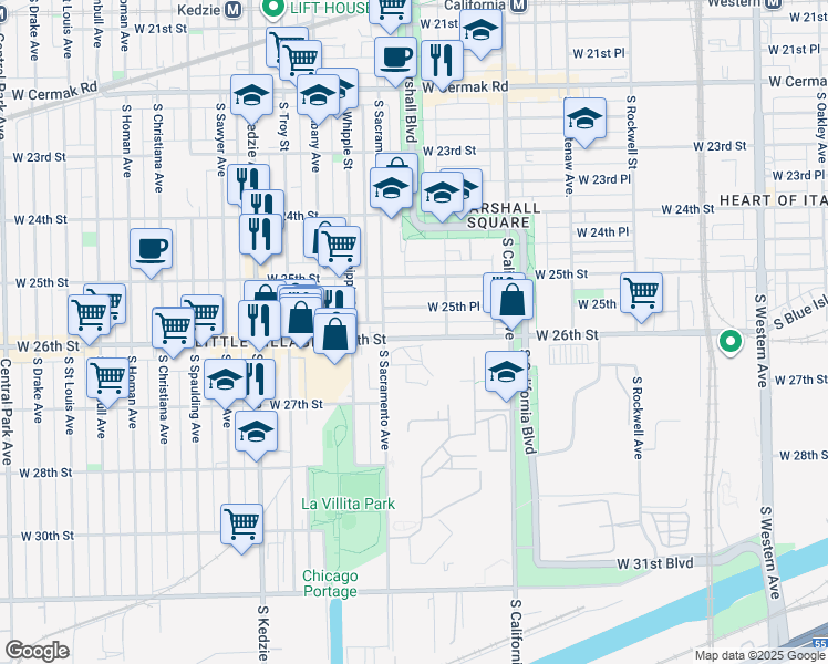 map of restaurants, bars, coffee shops, grocery stores, and more near 2933 West 25th Place in Chicago