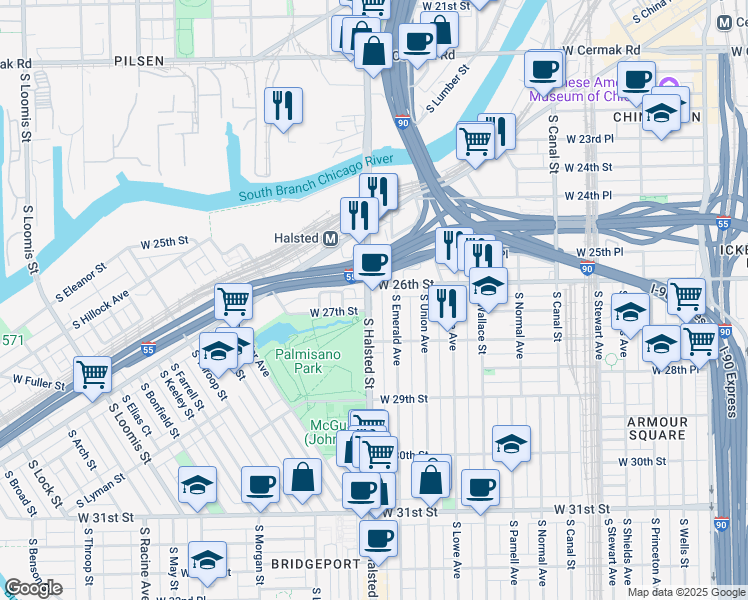 map of restaurants, bars, coffee shops, grocery stores, and more near 2615 South Halsted Street in Chicago