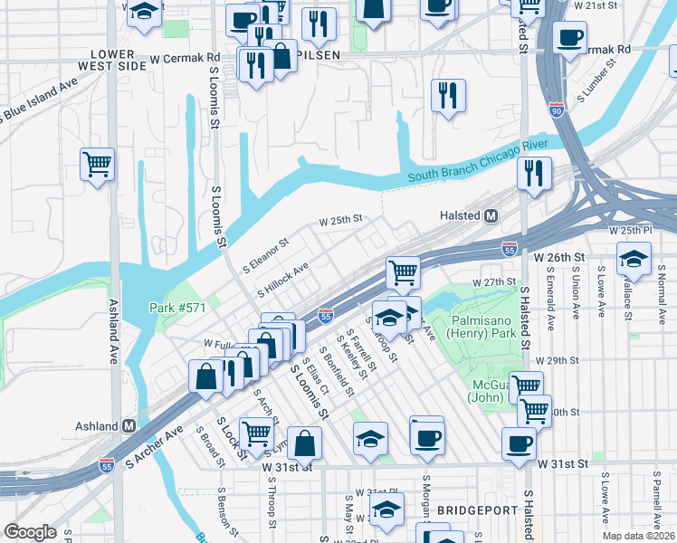 map of restaurants, bars, coffee shops, grocery stores, and more near 2569 South Hillock Avenue in Chicago