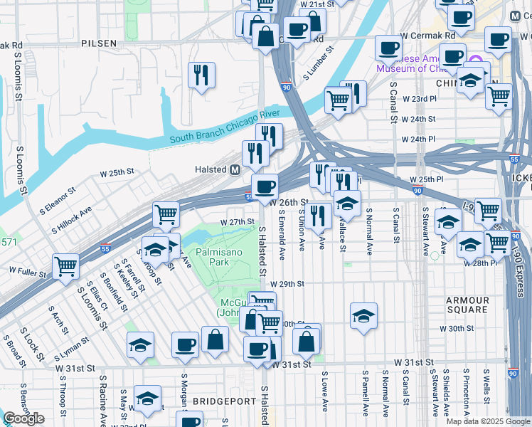 map of restaurants, bars, coffee shops, grocery stores, and more near 2613 South Halsted Street in Chicago