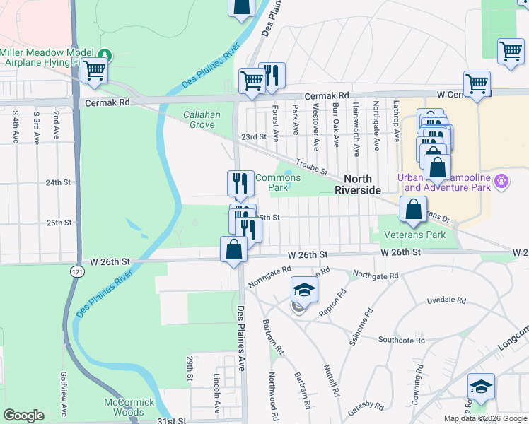 map of restaurants, bars, coffee shops, grocery stores, and more near 2418 Keystone Avenue in North Riverside