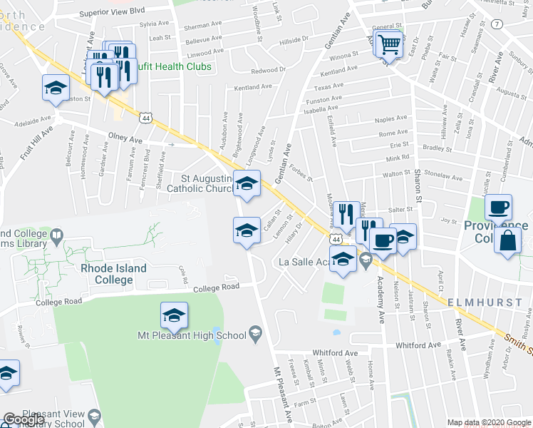 map of restaurants, bars, coffee shops, grocery stores, and more near Compton Street in Providence