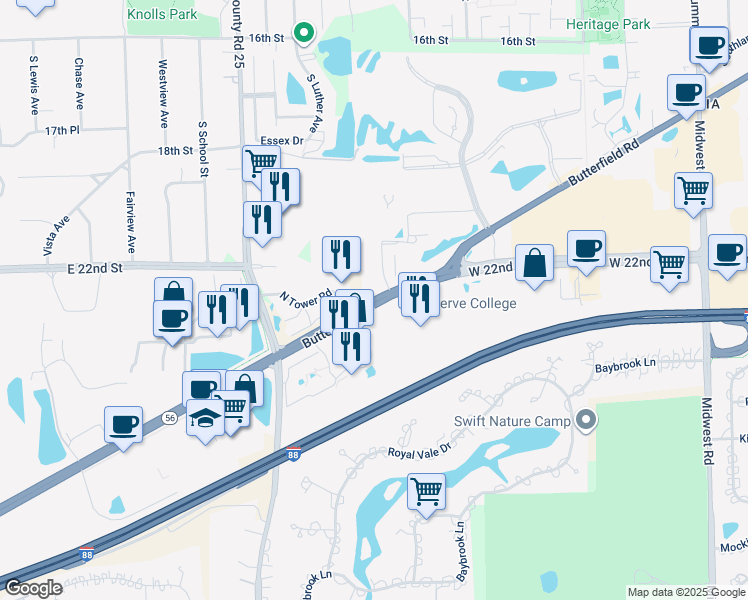 map of restaurants, bars, coffee shops, grocery stores, and more near 18W200 Butterfield Road in Oakbrook Terrace